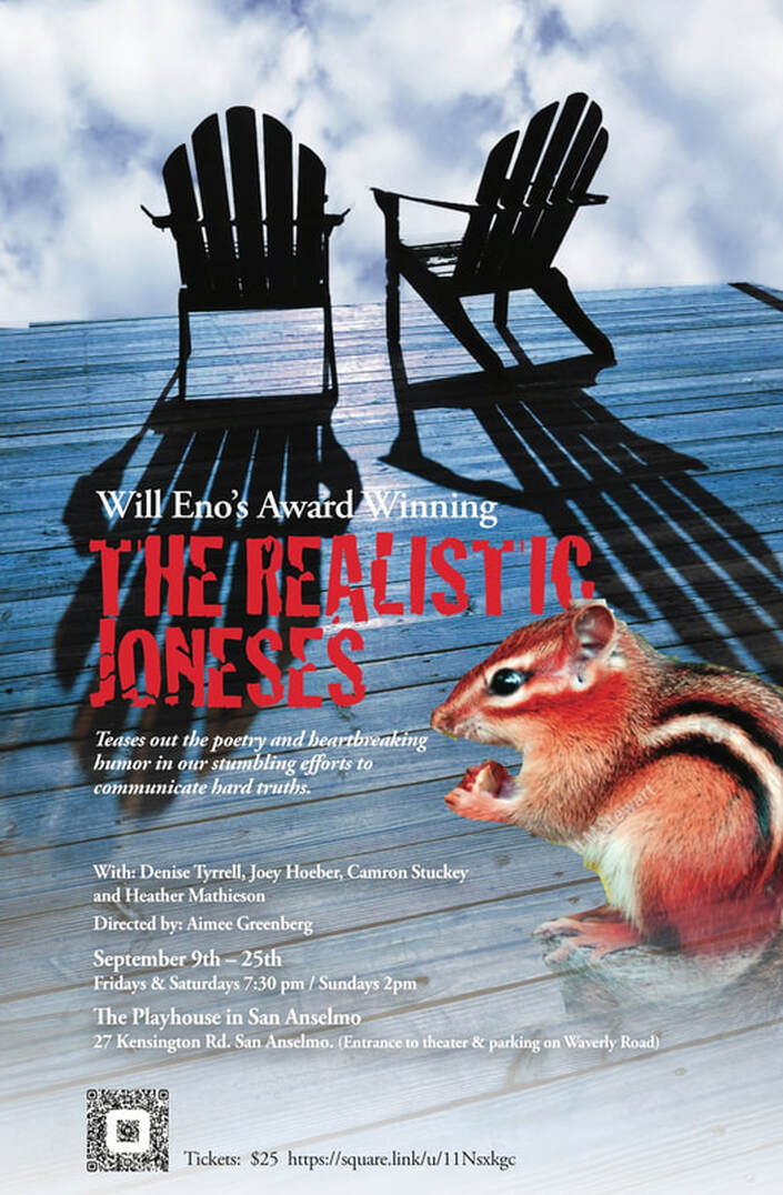 Theatre poster for The Realistic Joneses. Art features two Adirondack chairs and a chipmunk eating a treat.