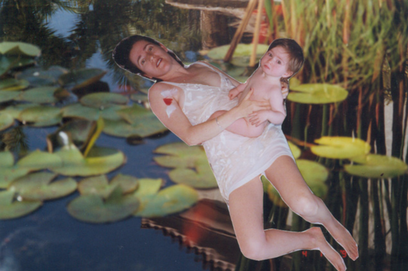 Aimee Greenberg laying against an image of  lily pads on water while holding a baby.